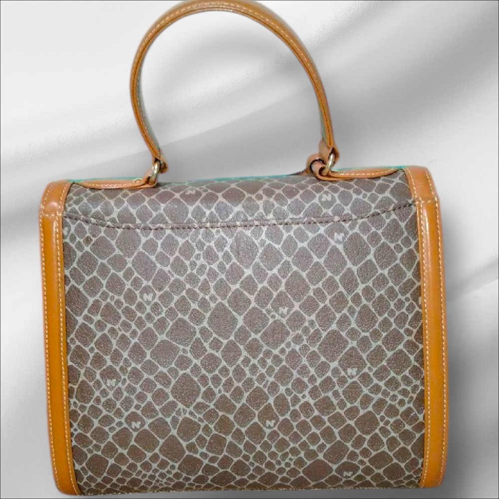 Nina Ricci Vintage Marquinerie Top Handle Brown Monogram Leather Trim Tote - Picture 2 of 5